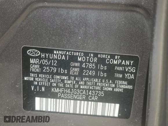 ✅ 2012 Hyundai Azera • VIN: KMHFH4JG3CA143735 • Лот: 52442055. Опубликован ранее на Copart с пробегом 108 708 миль. Бесплатный доступ к архиву аукционных продаж из США и подробный отчёт об истории автомобиля на DreamBid. Изображение 13.