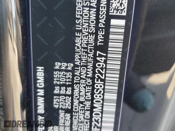 ✅ 2025 BMW M2 • VIN: 3MF23DM08S8F22947 • Lot: 58602975. Listed on Copart with 1,605 mi. Free auction sales archive from the USA and detailed vehicle history report at DreamBid. Image 13.