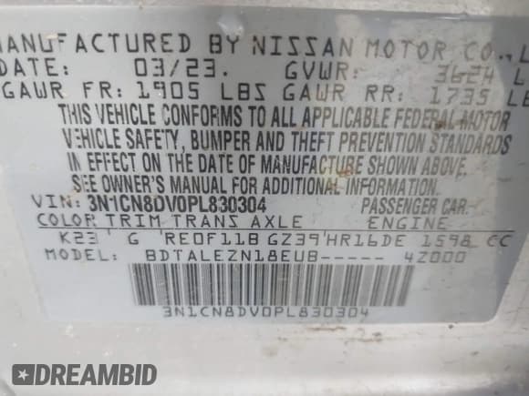 ✅ 2023 Nissan Versa S • VIN: 3N1CN8DV0PL830304 • Lot: 42270511. Listed on IAAI with 30,173 mi. Free auction sales archive from the USA and detailed vehicle history report at DreamBid. Image 9.