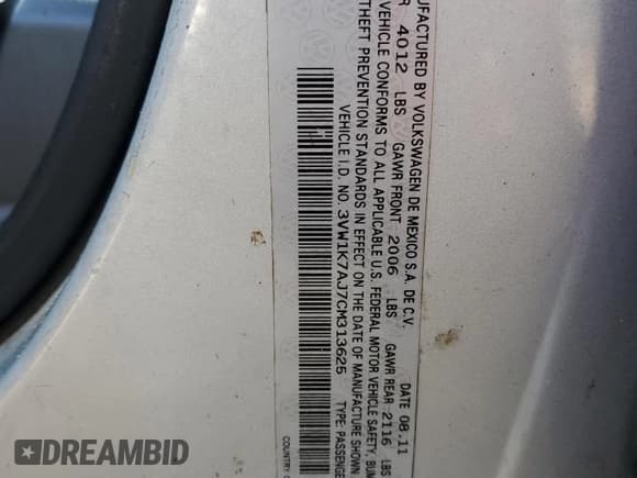 ✅ 2012 Volkswagen Jetta S • VIN: 3VW1K7AJ7CM313625 • Lot: 56310665. Listed on Copart with 158,972 mi. Free auction sales archive from the USA and detailed vehicle history report at DreamBid. Image 12.