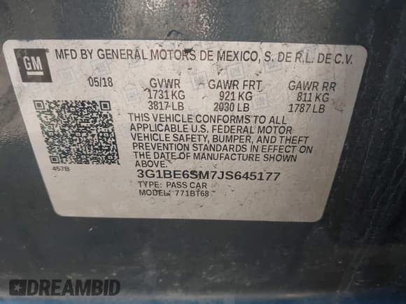 ✅ 2018 Chevrolet Cruze LT • VIN: 3G1BE6SM7JS645177 • Lot: 43475388. Listed on IAAI with 107,539 mi. Free auction sales archive from the USA and detailed vehicle history report at DreamBid. Image 9.