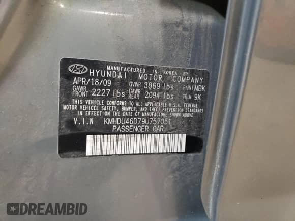 2009 Hyundai Elantra GLS z VIN KMHDU46D79U757051, wystawiony jako Copart lot #60498574 z przebiegiem 121 544 mil mil oraz Szkoda całkowita • Salvage title. Historia ofert i sprzedaży dostępna na DreamBid. Obrazek 12.