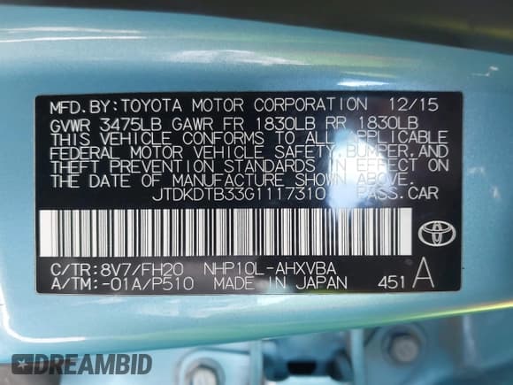 ✅ 2016 Toyota Prius One • VIN: JTDKDTB33G1117310 • Lot: 41521947. Listed on IAAI with Not provided. Free auction sales archive from the USA and detailed vehicle history report at DreamBid. Image 9.