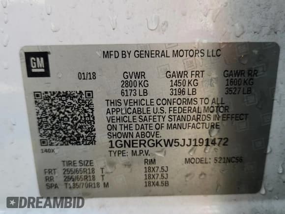 ✅ 2018 Chevrolet Traverse LT Cloth • VIN: 1GNERGKW5JJ191472 • Lot: 82128095. Wystawiony na Copart z przebiegiem 130 797 mil. Bezpłatny archiwum sprzedaży aukcyjnych z USA i szczegółowy raport historii pojazdu na DreamBid. Zdjęcie 13.