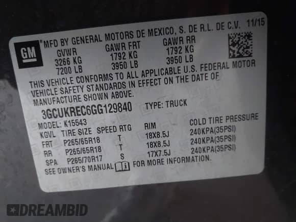 2016 Chevrolet Silverado 1500 LT with VIN 3GCUKREC6GG129840, listed as a IAAI auction lot 43088052 with 123,184 mi miles and . Bid and sale history available at DreamBid. Image 9.