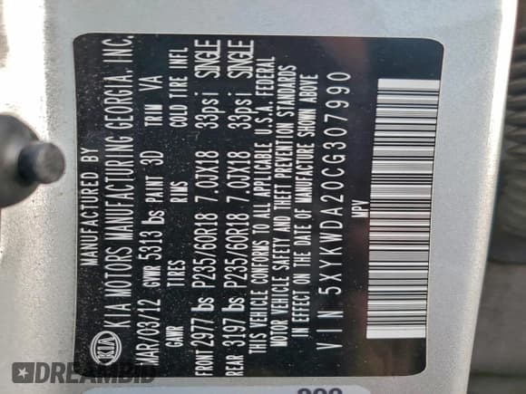 ✅ 2012 Kia Sorento SX • VIN: 5XYKWDA20CG307990 • Lot: 94247235. Listed on Copart with 120,223 mi. Free auction sales archive from the USA and detailed vehicle history report at DreamBid. Image 13.