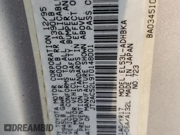 ✅ 1996 Toyota Tercel DX • VIN: JT2AC52L9T0148001 • Lot: 49114645. Wystawiony na Copart z przebiegiem 170 280 mil. Bezpłatny archiwum sprzedaży aukcyjnych z USA i szczegółowy raport historii pojazdu na DreamBid. Zdjęcie 12.