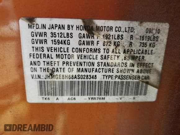 ✅ 2010 Honda Fit Sport • VIN: JHMGE8H68AS028348 • Лот: 70188795. Опубликован ранее на Copart с пробегом 86 376 миль. Бесплатный доступ к архиву аукционных продаж из США и подробный отчёт об истории автомобиля на DreamBid. Изображение 13.