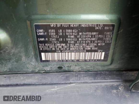 ✅ 2013 Subaru Outback Premium • VIN: 4S4BRCCC0D3238338 • Lot: 58868825. Listed on Copart with 112,294 mi. Free auction sales archive from the USA and detailed vehicle history report at DreamBid. Image 12.