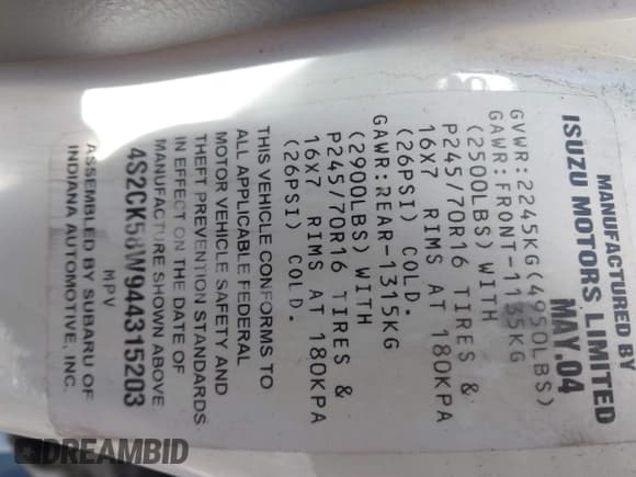 ✅ 2004 Isuzu Rodeo S • VIN: 4S2CK58W944315203 • Lot: 41355461. Listed on IAAI with Not provided. Free auction sales archive from the USA and detailed vehicle history report at DreamBid. Image 9.