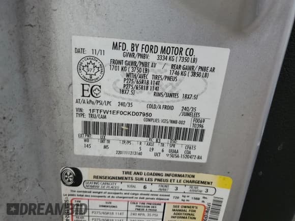 ✅ 2012 Ford F-150 XLT • VIN: 1FTFW1EF0CKD07950 • Lot: 43811835. Listed on Copart with 166,142 mi. Free auction sales archive from the USA and detailed vehicle history report at DreamBid. Image 12.