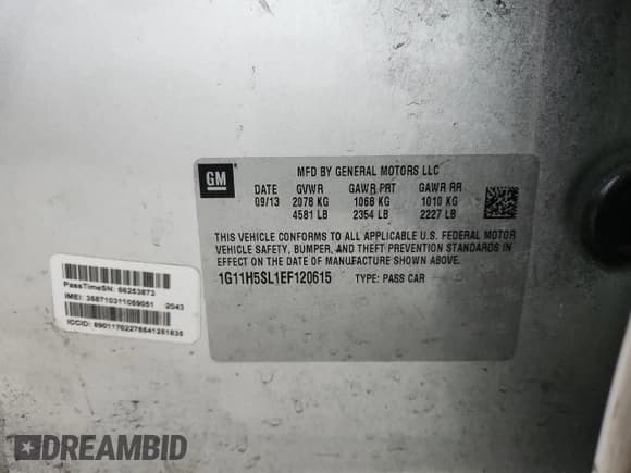 ✅ 2014 Chevrolet Malibu LTZ • VIN: 1G11H5SL1EF120615 • Lot: 84774445. Listed on Copart with 219,349 mi. Free auction sales archive from the USA and detailed vehicle history report at DreamBid. Image 12.