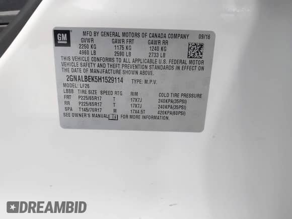 2017 Chevrolet Equinox LS z VIN 2GNALBEK5H1529114, wystawiony jako IAAI lot #43371907 z przebiegiem 126 745 mil mil oraz . Historia ofert i sprzedaży dostępna na DreamBid. Obrazek 9.