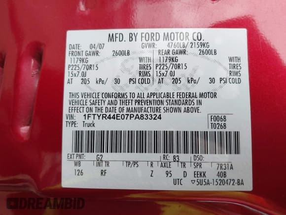 ✅ 2007 Ford Ranger STX • VIN: 1FTYR44E07PA83324 • Lot: 41704816. Listed on IAAI with 40,249 mi. Free auction sales archive from the USA and detailed vehicle history report at DreamBid. Image 9.