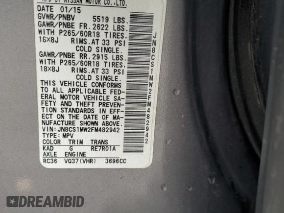 ✅ 2015 Infiniti QX70 • VIN: JN8CS1MW2FM482942 • Lot: 54245025. Listed on Copart with 108,314 mi. Free auction sales archive from the USA and detailed vehicle history report at DreamBid. Image 13.