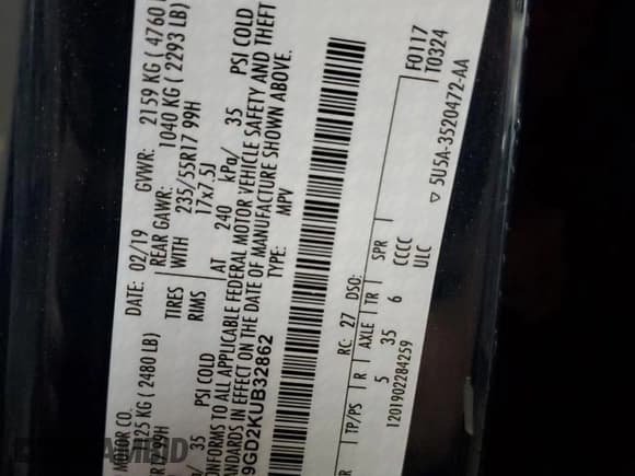 ✅ 2019 Ford Escape SE • VIN: 1FMCU9GD2KUB32862 • Lot: 83821195. Listed on Copart with 131,263 mi. Free auction sales archive from the USA and detailed vehicle history report at DreamBid. Image 13.