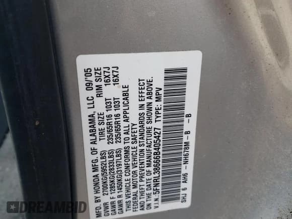 ✅ 2006 Honda Odyssey EX-L • VIN: 5FNRL38666B405427 • Lot: 57555665. Listed on Copart with 155,132 mi. Free auction sales archive from the USA and detailed vehicle history report at DreamBid. Image 12.