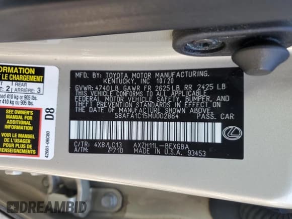 ✅ 2021 Lexus ES 300h Ultra Luxury • VIN: 58AFA1C15MU002864 • Lot: 65408405. Listed on Copart with 34,305 mi. Free auction sales archive from the USA and detailed vehicle history report at DreamBid. Image 12.