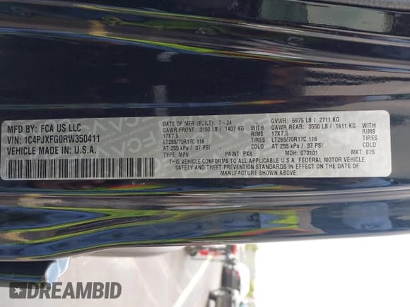 ✅ 2024 Jeep Wrangler Rubicon • VIN: 1C4PJXFG0RW350411 • Lot: 43039072. Listed on IAAI with 7,837 mi. Free auction sales archive from the USA and detailed vehicle history report at DreamBid. Image 9.