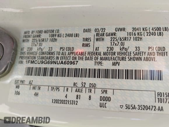 ✅ 2022 Ford Escape SE • VIN: 1FMCU9G69NUA60967 • Lot: 42255666. Listed on IAAI with 190,573 mi. Free auction sales archive from the USA and detailed vehicle history report at DreamBid. Image 9.