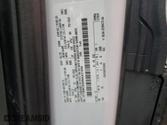 ✅ 2022 Ford Transit Cargo • VIN: 1FTBW3X89NKA31604 • Lot: 43710745. Listed on Copart with 52,329 mi. Free auction sales archive from the USA and detailed vehicle history report at DreamBid. Image 13.