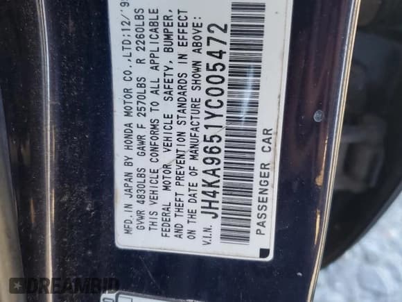 ✅ 2000 Acura RL • VIN: JH4KA9651YC005472 • Lot: 42246785. Listed on Copart with Not provided. Free auction sales archive from the USA and detailed vehicle history report at DreamBid. Image 14.