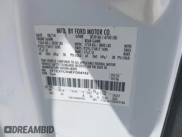 ✅ 2014 Ford F-150 XL • VIN: 1FTEX1CM4EFD04152 • Лот: 42867153. Опубликован ранее на IAAI с пробегом 164 151 миль. Бесплатный доступ к архиву аукционных продаж из США и подробный отчёт об истории автомобиля на DreamBid. Изображение 9.