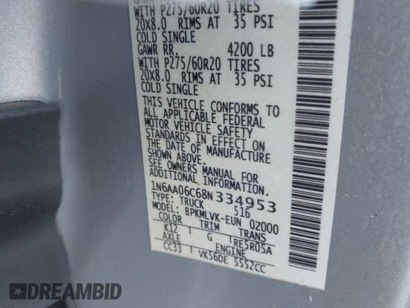 ✅ 2008 Nissan Titan XE • VIN: 1N6AA06C68N334953 • Lot: 43722096. Listed on IAAI with 153,538 mi. Free auction sales archive from the USA and detailed vehicle history report at DreamBid. Image 9.