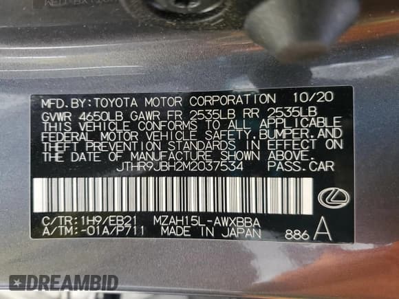 ✅ 2021 Lexus UX 250h F Sport • VIN: JTHR9JBH2M2037534 • Lot: 57075195. Listed on Copart with 33,980 mi. Free auction sales archive from the USA and detailed vehicle history report at DreamBid. Image 12.