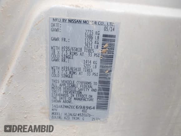 ✅ 2014 Nissan Pathfinder SV • VIN: 5N1AR2MN2EC698964 • Lot: 43740080. Listed on IAAI with 218,118 mi. Free auction sales archive from the USA and detailed vehicle history report at DreamBid. Image 9.