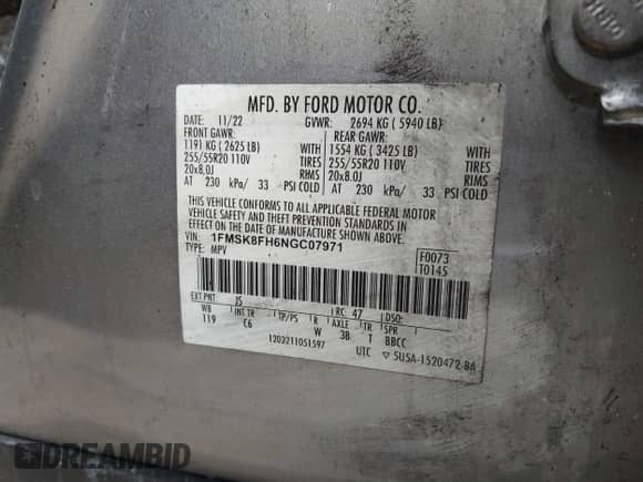 2022 Ford Explorer Limited z VIN 1FMSK8FH6NGC07971, wystawiony jako IAAI lot #43372947 z przebiegiem Nie podano mil oraz . Historia ofert i sprzedaży dostępna na DreamBid. Obrazek 9.