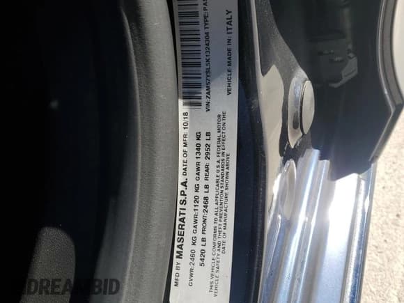 ✅ 2019 Maserati Ghibli S GranLusso • VIN: ZAM57YSL5K1324304 • Лот: 42133845. Опубликован ранее на Copart с пробегом 33 019 миль. Бесплатный доступ к архиву аукционных продаж из США и подробный отчёт об истории автомобиля на DreamBid. Изображение 12.