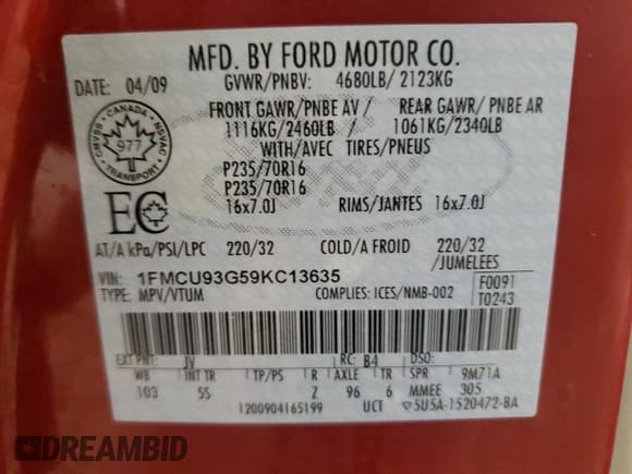 ✅ 2009 Ford Escape XLT • VIN: 1FMCU93G59KC13635 • Lot: 86461745. Listed on Copart with 232,865 mi. Free auction sales archive from the USA and detailed vehicle history report at DreamBid. Image 13.