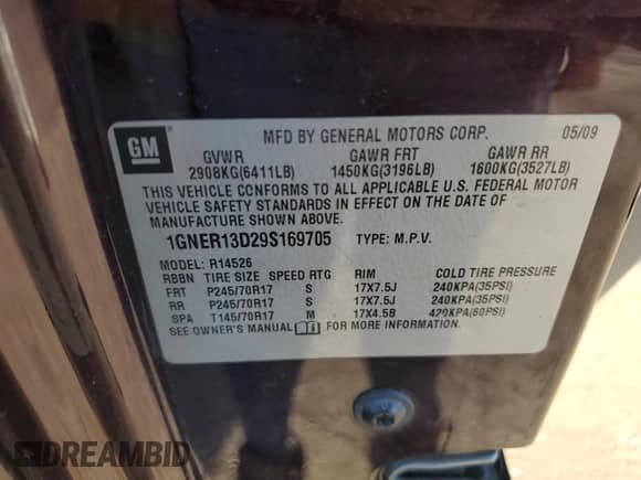 2009 Chevrolet Traverse LS z VIN 1GNER13D29S169705, wystawiony jako Copart lot #84829105 z przebiegiem 215 828 mil mil oraz Czysty tytuł • Clean title. Historia ofert i sprzedaży dostępna na DreamBid. Obrazek 12.