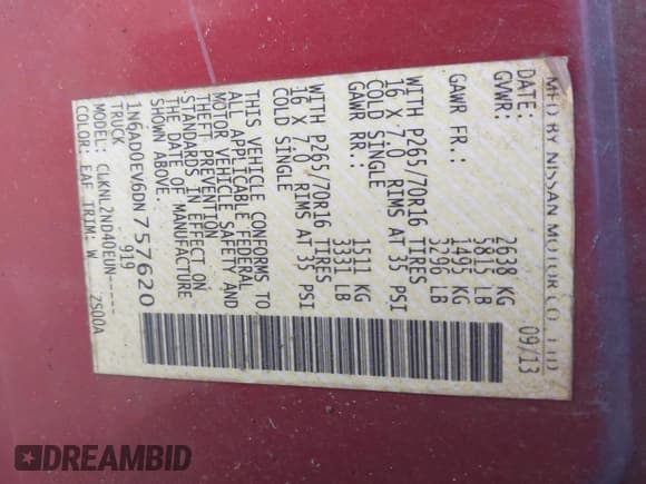 ✅ 2013 Nissan Frontier SV • VIN: 1N6AD0EV6DN757620 • Lot: 41246354. Wystawiony na IAAI z przebiegiem 319 286 mil. Bezpłatny archiwum sprzedaży aukcyjnych z USA i szczegółowy raport historii pojazdu na DreamBid. Zdjęcie 9.