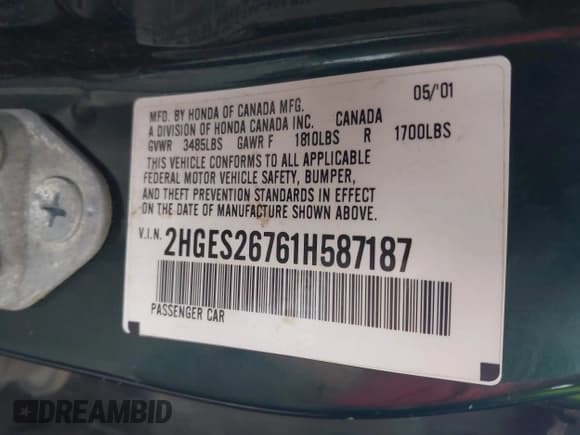 ✅ 2001 Honda Civic EX • VIN: 2HGES26761H587187 • Лот: 43766063. Опубликован ранее на IAAI с пробегом 145 700 миль. Бесплатный доступ к архиву аукционных продаж из США и подробный отчёт об истории автомобиля на DreamBid. Изображение 9.