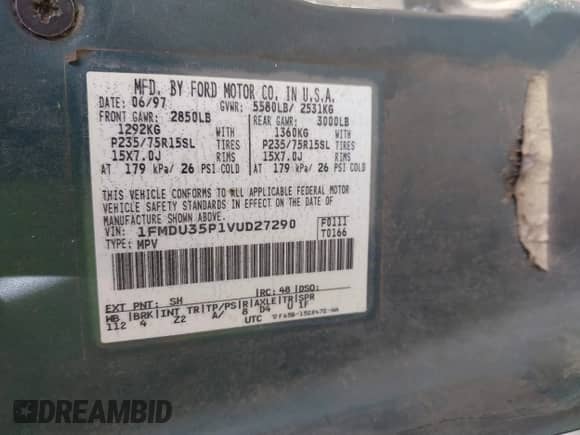 1997 Ford Explorer XLT с VIN 1FMDU35P1VUD27290, выставлен на аукционе IAAI как лот 43546783 с пробегом 307 524 миль миль и . История ставок и продаж доступна на DreamBid. Изображение 9.