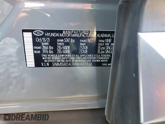 2022 Hyundai Santa Fe XRT with VIN 5NMS6DAJ6NH402330, listed as a Copart auction lot 69070285 with 34,094 mi miles and Salvage title. Bid and sale history available at DreamBid. Image 13.