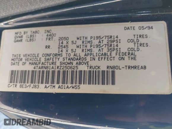 ✅ 1994 Toyota Pickup • VIN: 4TARN81A1RZ250625 • Lot: 43835630. Listed on IAAI with 126,075 mi. Free auction sales archive from the USA and detailed vehicle history report at DreamBid. Image 9.