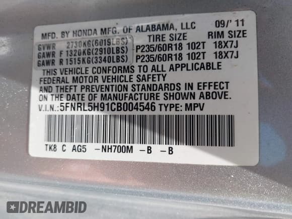 ✅ 2012 Honda Odyssey Touring • VIN: 5FNRL5H91CB004546 • Lot: 42175002. Listed on IAAI with 118,719 mi. Free auction sales archive from the USA and detailed vehicle history report at DreamBid. Image 9.