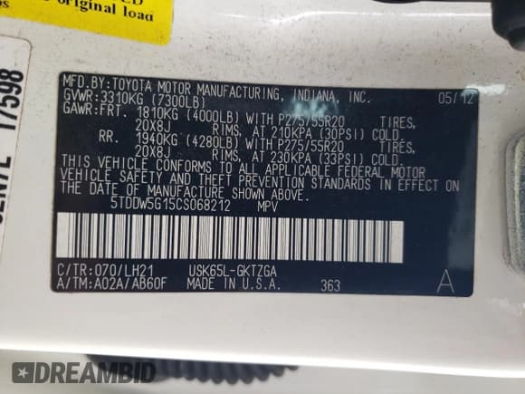 ✅ 2012 Toyota Sequoia Platinum • VIN: 5TDDW5G15CS068212 • Lot: 80955425. Listed on Copart with 217,923 mi. Free auction sales archive from the USA and detailed vehicle history report at DreamBid. Image 14.