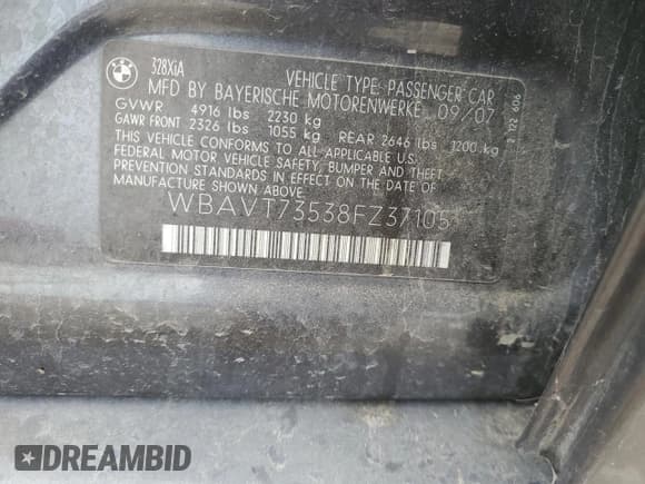 ✅ 2008 BMW 3 Series 328xi • VIN: WBAVT73538FZ37105 • Lot: 92761895. Wystawiony na Copart z przebiegiem 154 430 mil. Bezpłatny archiwum sprzedaży aukcyjnych z USA i szczegółowy raport historii pojazdu na DreamBid. Zdjęcie 12.