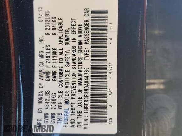 ✅ 2013 Honda Accord EX-L • VIN: 1HGCR3F89DA044789 • Lot: 90780855. Listed on Copart with 233,076 mi. Free auction sales archive from the USA and detailed vehicle history report at DreamBid. Image 12.