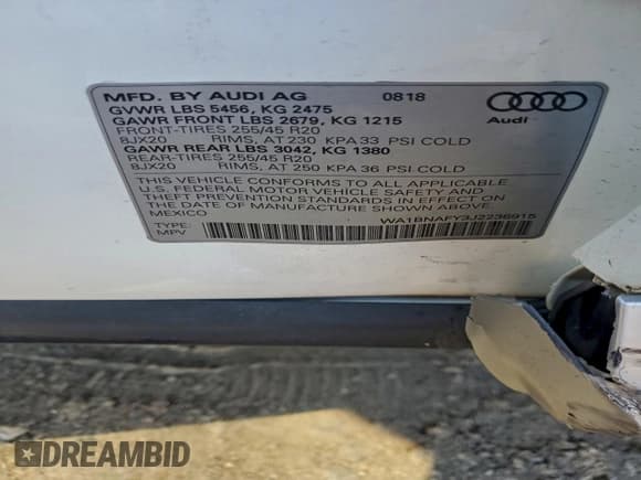 ✅ 2018 Audi Q5 Premium Plus • VIN: WA1BNAFY3J2236915 • Lot: 93603245. Listed on Copart with 82,357 mi. Free auction sales archive from the USA and detailed vehicle history report at DreamBid. Image 13.