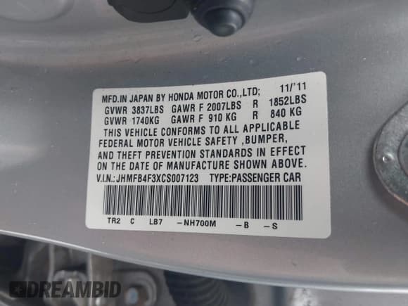 ✅ 2012 Honda Civic • VIN: JHMFB4F3XCS007123 • Lot: 42221364. Listed on IAAI with 141,850 mi. Free auction sales archive from the USA and detailed vehicle history report at DreamBid. Image 9.