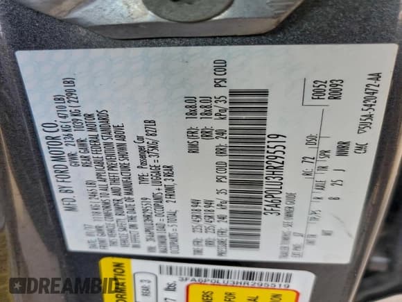 ✅ 2017 Ford Fusion Hybrid SE • VIN: 3FA6P0LU3HR295519 • Lot: 95611195. Listed on Copart with 123,248 mi. Free auction sales archive from the USA and detailed vehicle history report at DreamBid. Image 13.