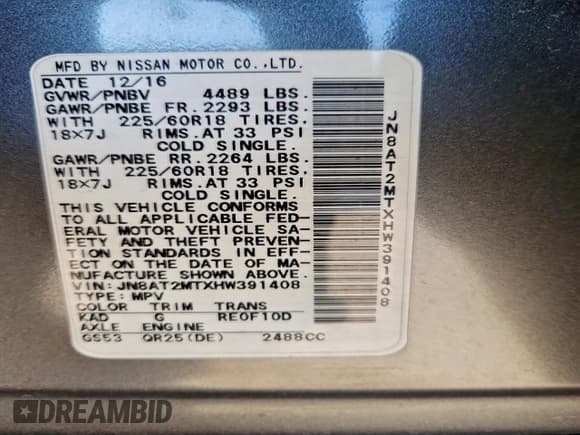 ✅ 2017 Nissan Rogue SV • VIN: JN8AT2MTXHW391408 • Lot: 95322705. Listed on Copart with 161,860 mi. Free auction sales archive from the USA and detailed vehicle history report at DreamBid. Image 13.