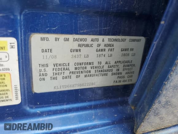 ✅ 2009 Chevrolet Aveo 1LT • VIN: KL1TD66E79B622286 • Lot: 56113094. Wystawiony na Copart z przebiegiem 96 075 mil. Bezpłatny archiwum sprzedaży aukcyjnych z USA i szczegółowy raport historii pojazdu na DreamBid. Zdjęcie 12.