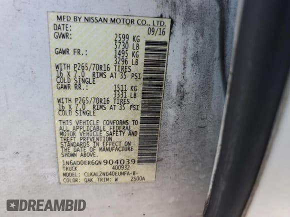 ✅ 2016 Nissan Frontier SV • VIN: 1N6AD0ER6GN904039 • Lot: 56776395. Listed on Copart with 126,300 mi. Free auction sales archive from the USA and detailed vehicle history report at DreamBid. Image 13.