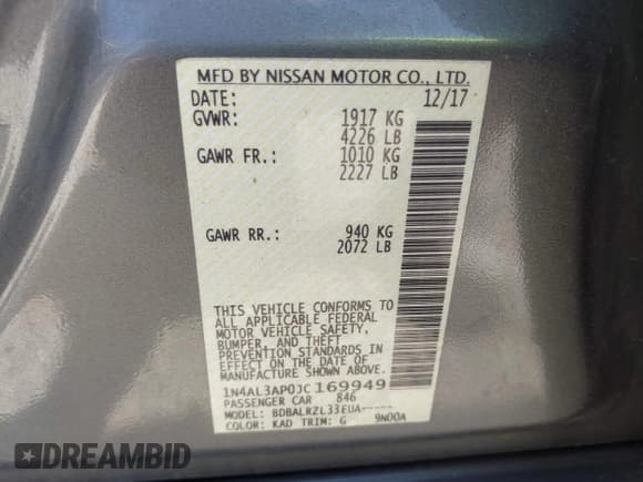 ✅ 2018 Nissan Altima SV • VIN: 1N4AL3AP0JC169949 • Lot: 42962690. Listed on IAAI with 102,721 mi. Free auction sales archive from the USA and detailed vehicle history report at DreamBid. Image 9.